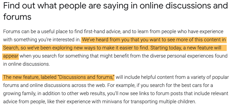 Google's announcement launching the Forums and Discussions SERP feature in 2022.