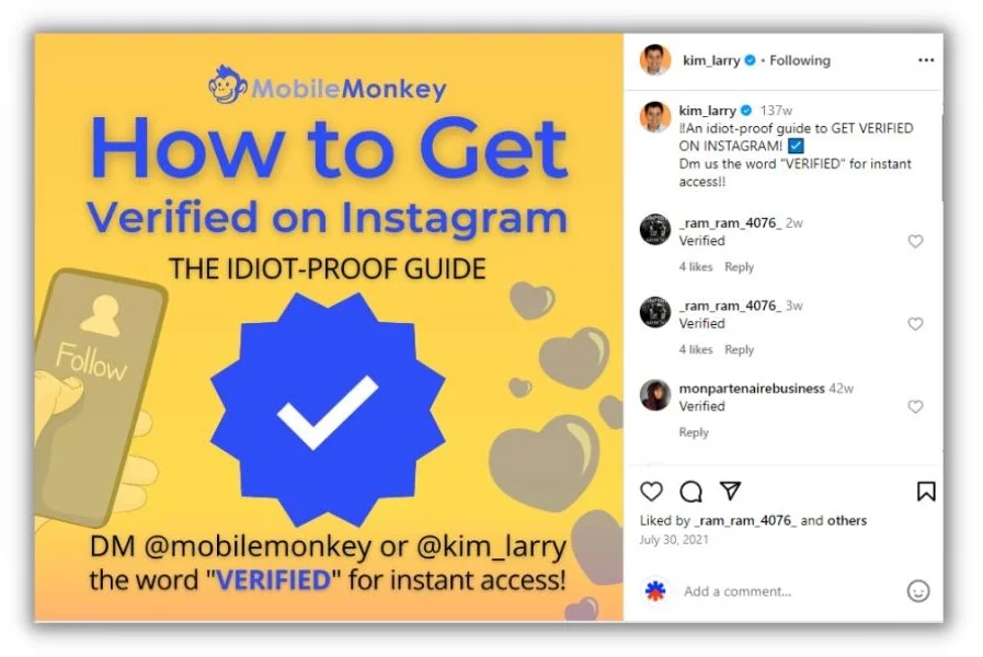 Lead generation examples - Instagram post from Mobile Monkey.