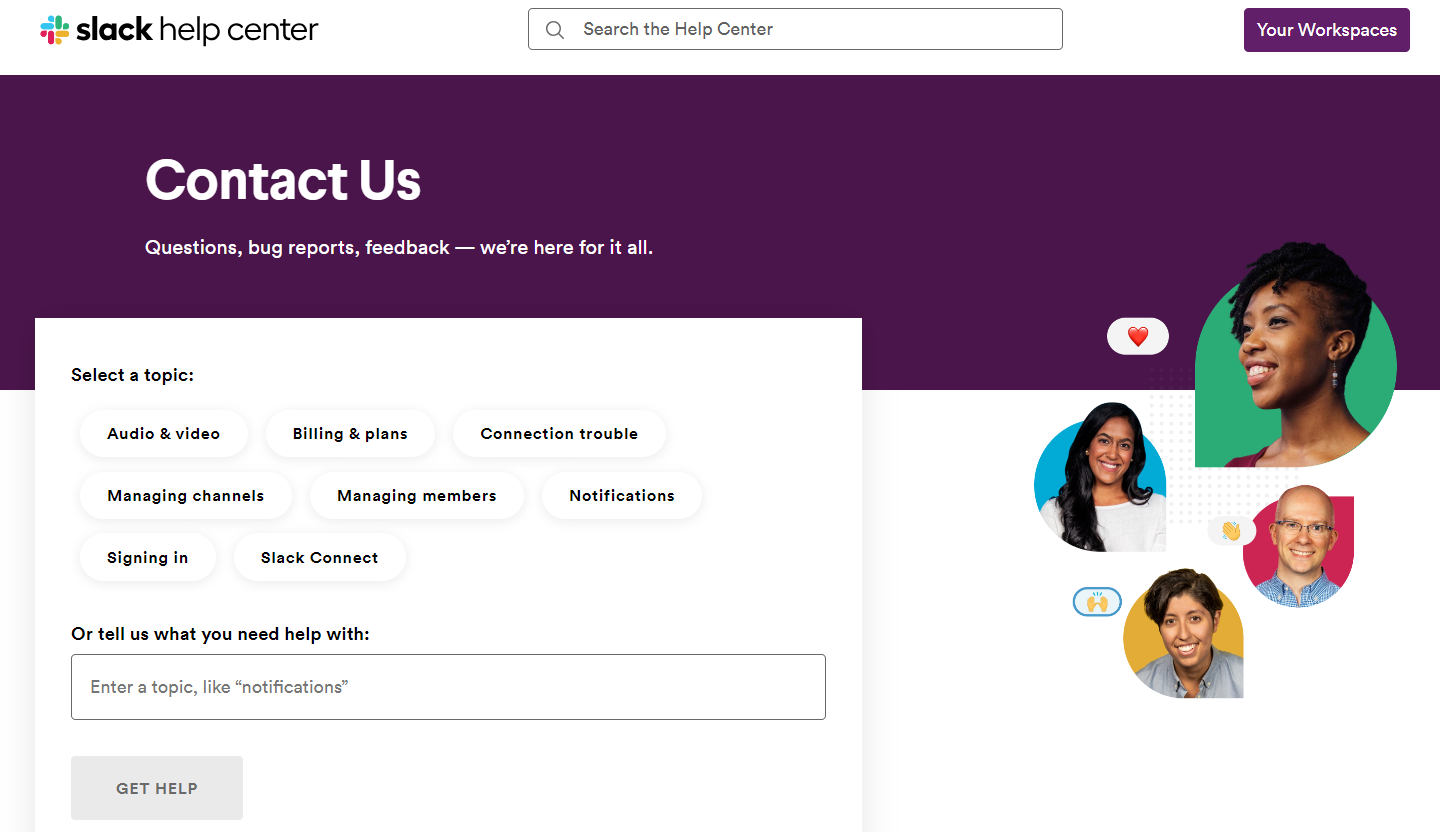 Slack Contact Us page