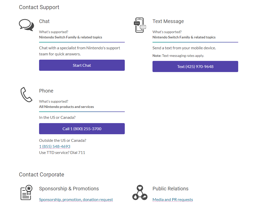 Nintendo Contact Us page options.
