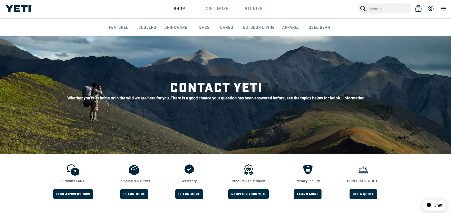 Yeti Contact Us page