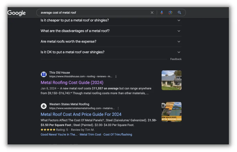 google search for average cost of metal roof