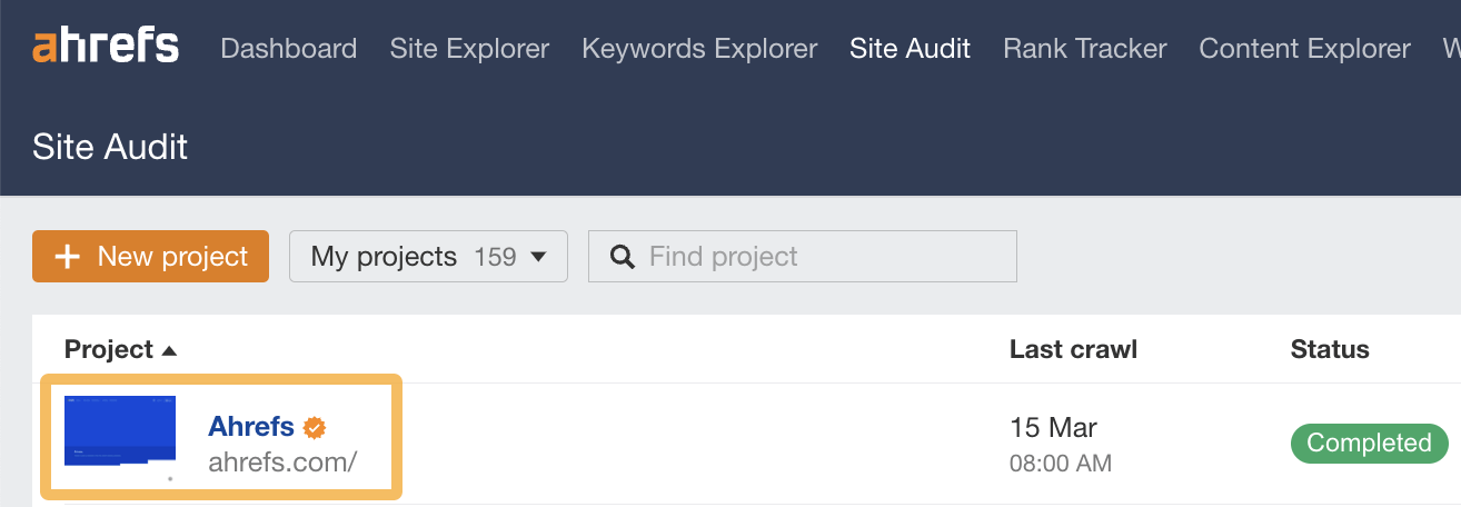 Selecting an Audit from Site Audit Dashboard