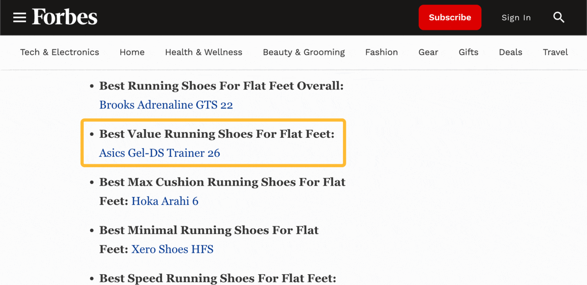 Many first-page results for "best running shoes for flat feet" talk about the best budget option
