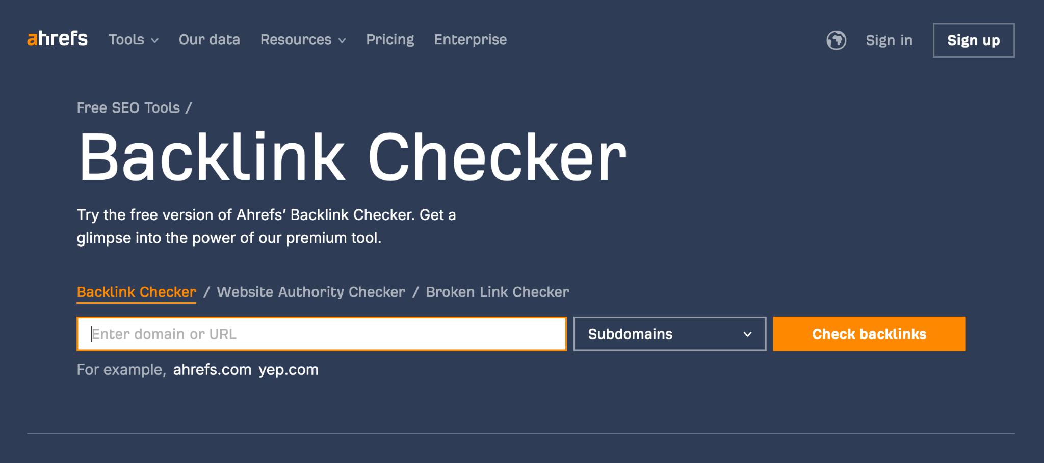 Our current "backlink checker" landing page