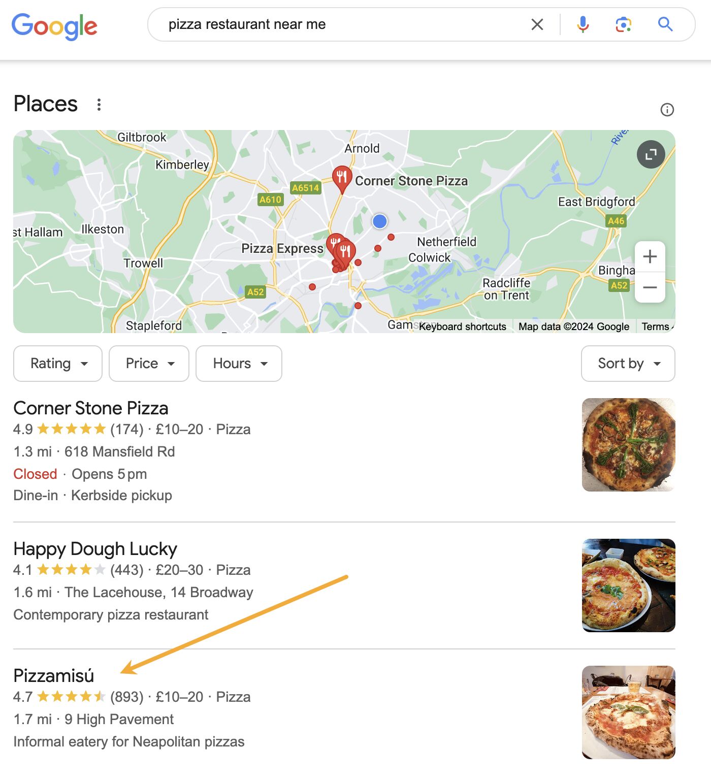 Example of a Google Business Profile in the 'map pack ' results