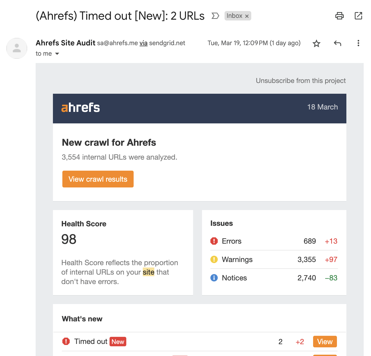 Email alert from Ahrefs' Site Audit
