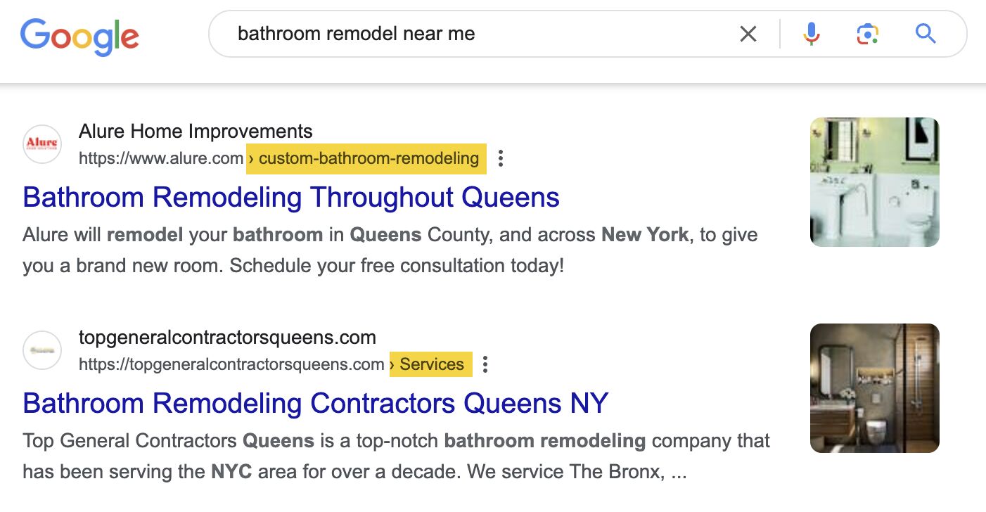 Google tends to service pages rather than homepages when searching for specific services