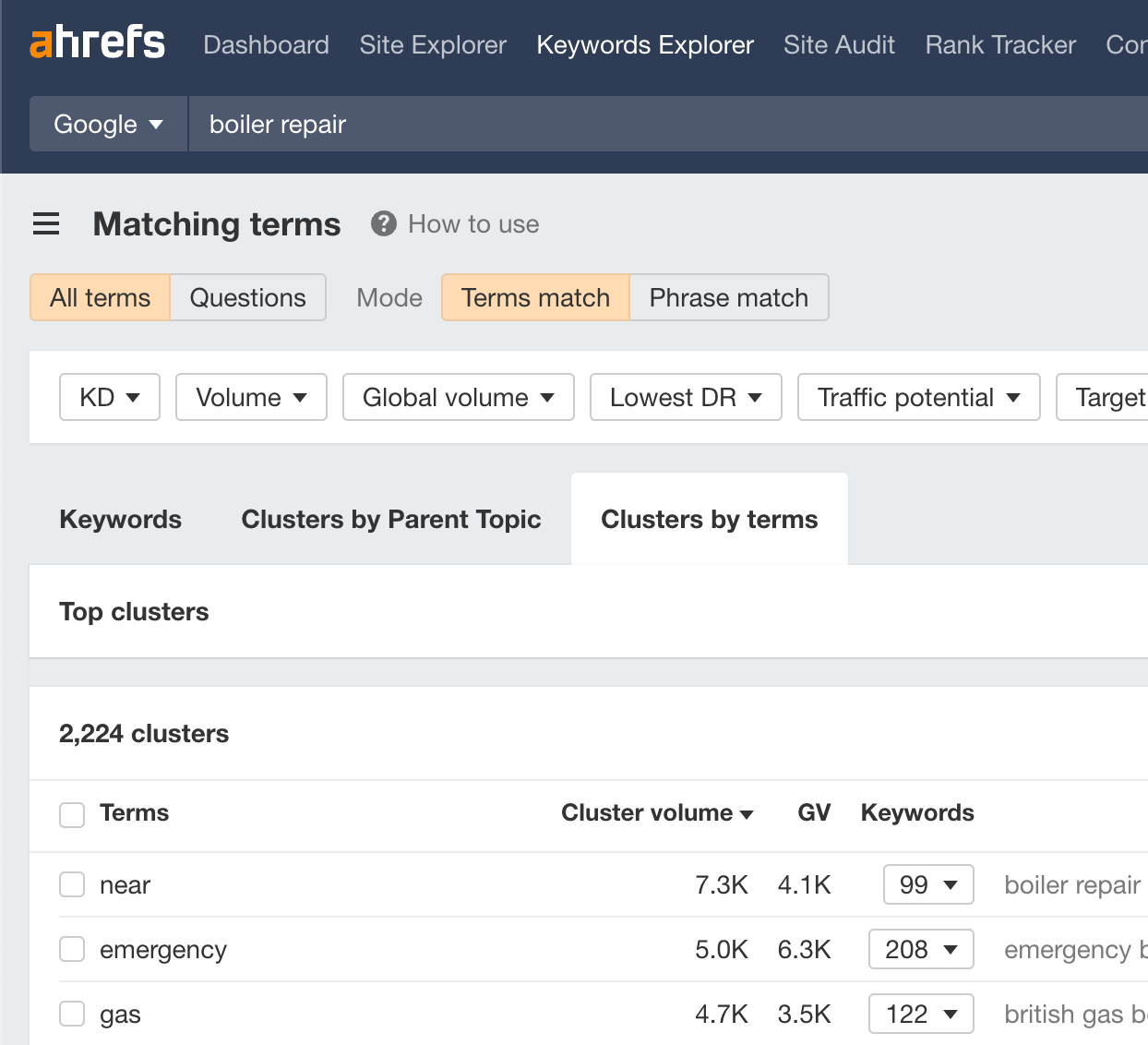 Use term clustering in Ahrefs' Keywords Explorer to find what customers care about