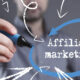 Technology internet business and marketing. Young business man writing word: Affiliate marketing