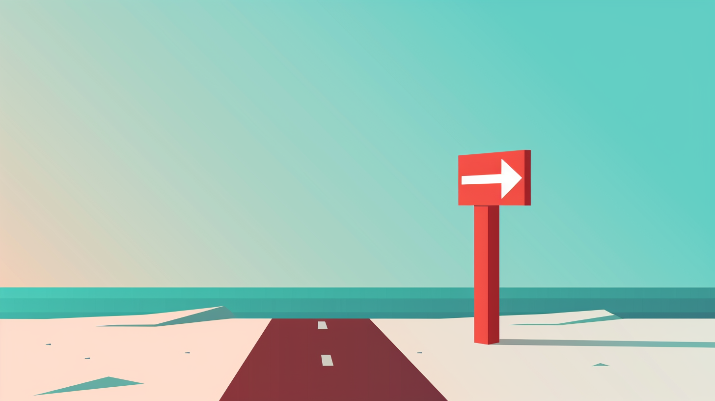 A simple graphical illustration of a road with a directional sign pointing to the right against a blue sky background