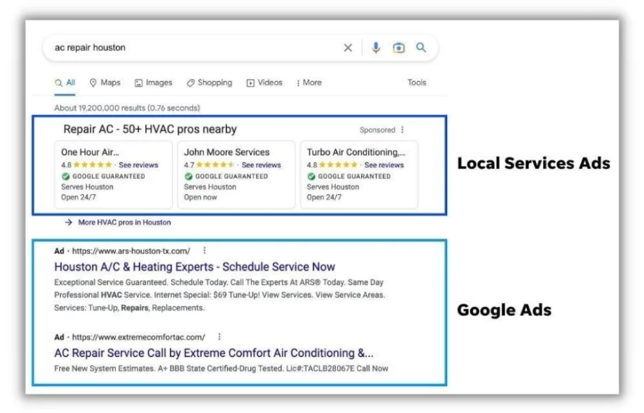 screenshot of google local services ads vs google ads