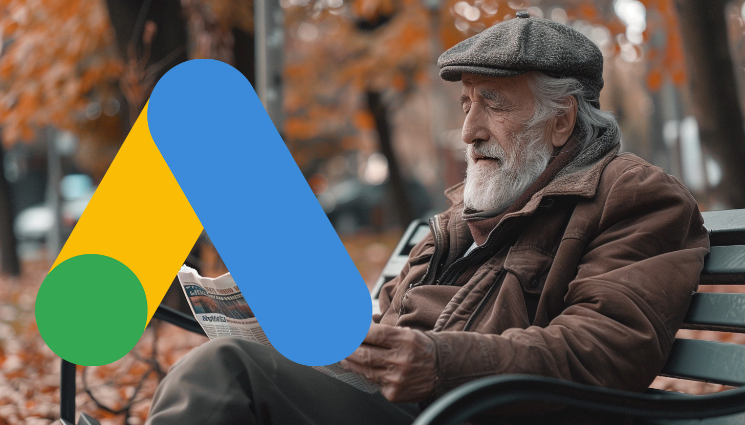 Old Man Reading News Park Bench Google Ads Logo