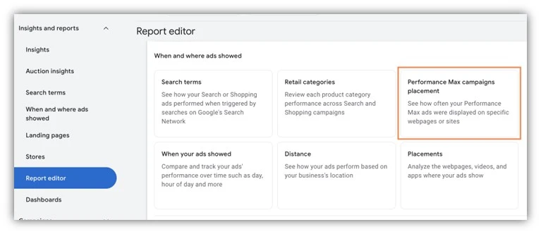 google ads performance updates - report editor screenshot