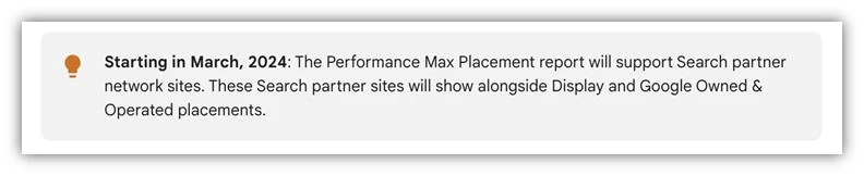 google ads performance max placement - update announcement screenshot