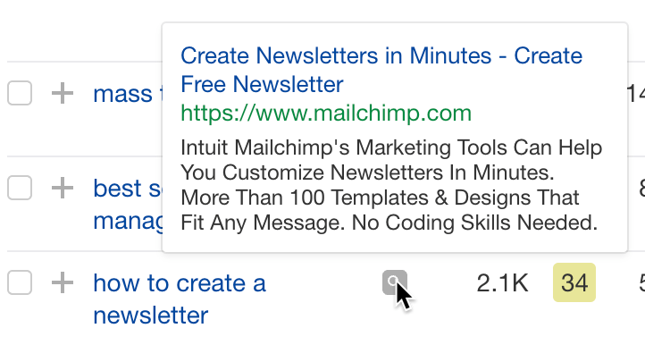 Mailchimp's Google Ad for the keyword “how to create a newsletter”
