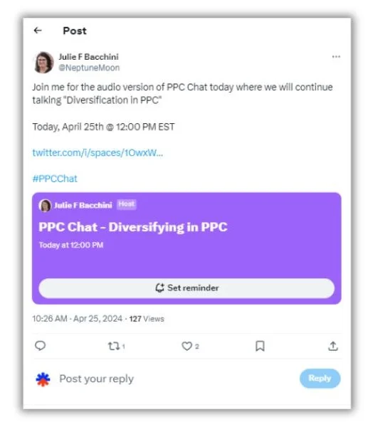 How to promote you digital marketing agency - PPC chat post on X (formerly twitter)