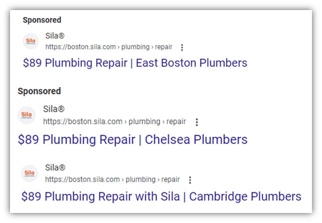 local google ads - example of google ads for different cities