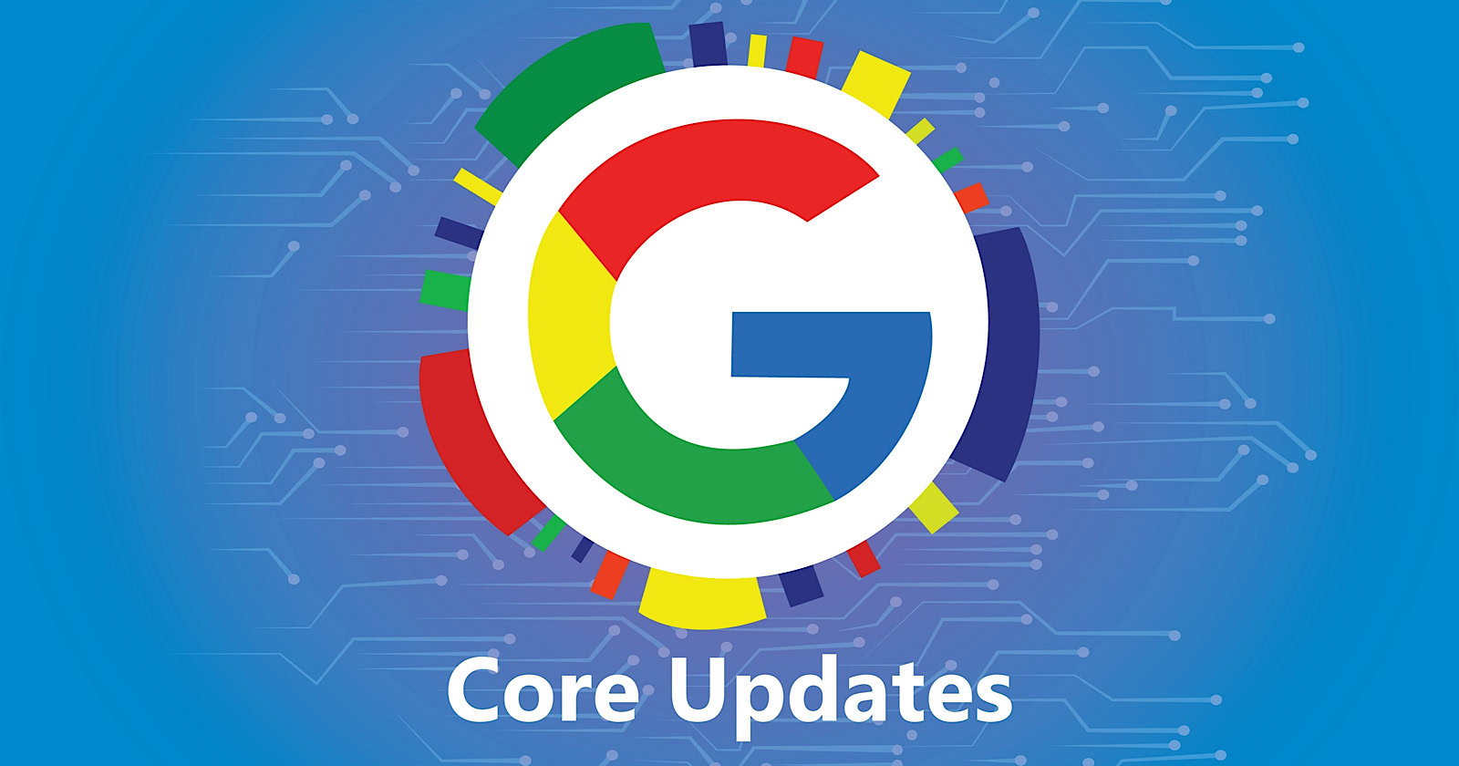 Graphic depicting the Google logo with colorful segments on a blue circuit board background, accompanied by the text "Google March 2024 Core Update.