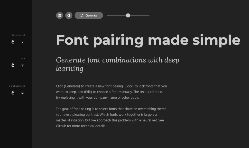 Fontjoy's home page, showing the UI of the AI-powered font-pairing tool. 