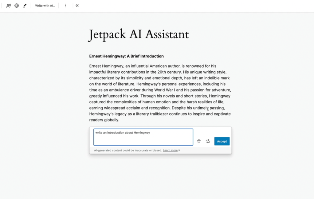 Screenshot of the Jetpack AI Assistant user experience within the Site Editor of WordPress.com. 