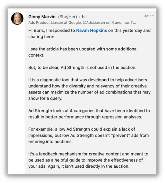 tweet about ad strength from google ad liason
