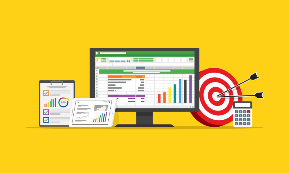 Illustration of a modern workspace setup with a desktop showing Google Sheets, a mobile device with documents, a calculator, and a target with arrows on a yellow background.