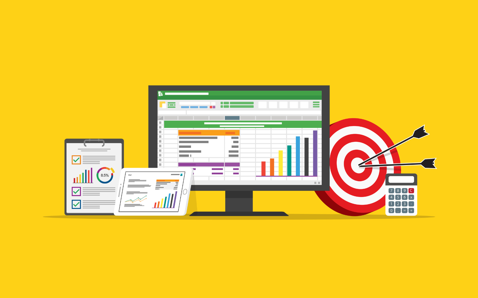 Illustration of a modern workspace setup with a desktop showing Google Sheets, a mobile device with documents, a calculator, and a target with arrows on a yellow background.