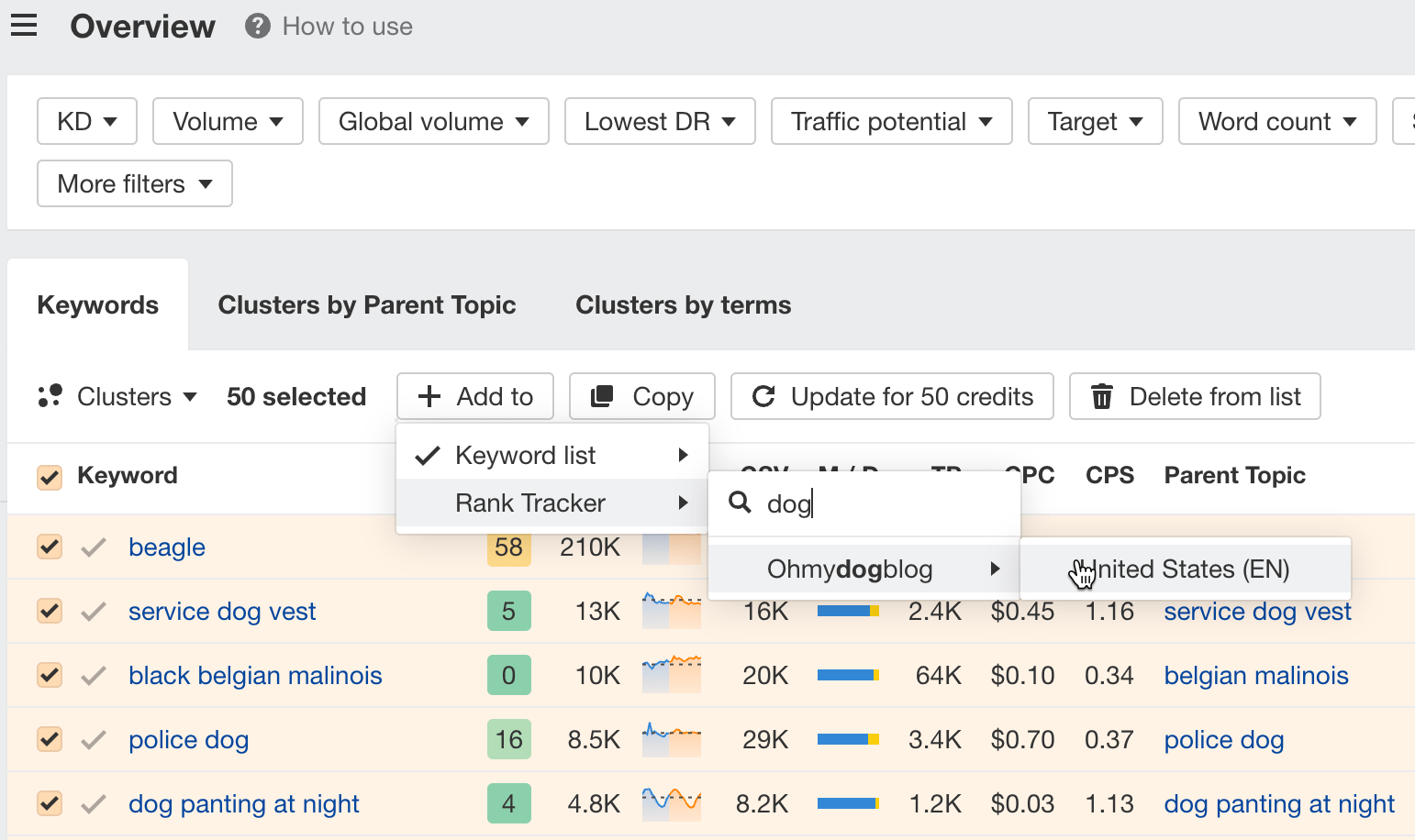 Adding keywords to a rank tracking list.