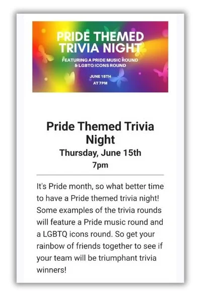 June content ideas - Email announcing Pride Month trivia event.