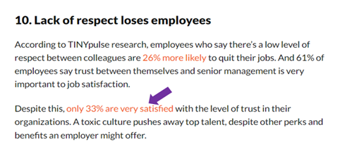 On TINYpulse, the anchor text says, “only 33% are very satisfied with the level of trust in their organization.”