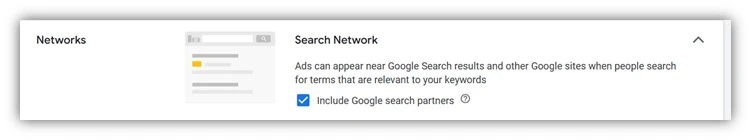 google ads search partner network - screenshot of network settings in google ads platform