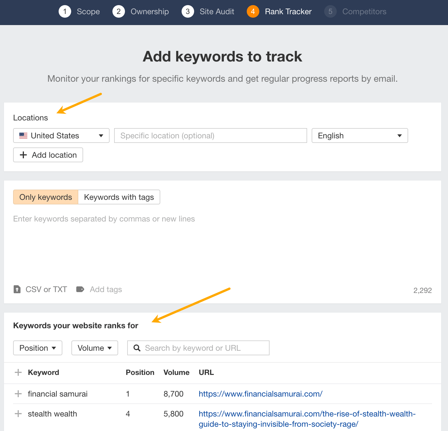 Adding keywords to track in Ahrefs.