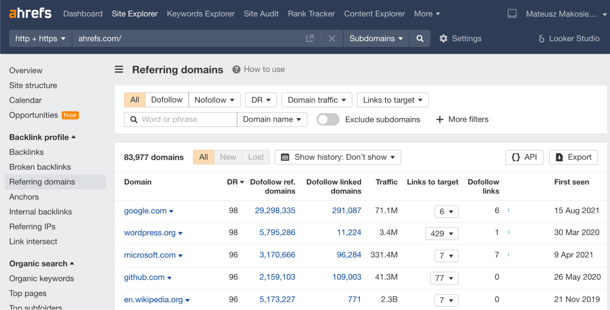 Referring domains report in Ahrefs Site Audit. 