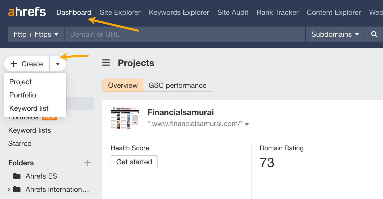 How to create a new portfolio in Ahrefs.