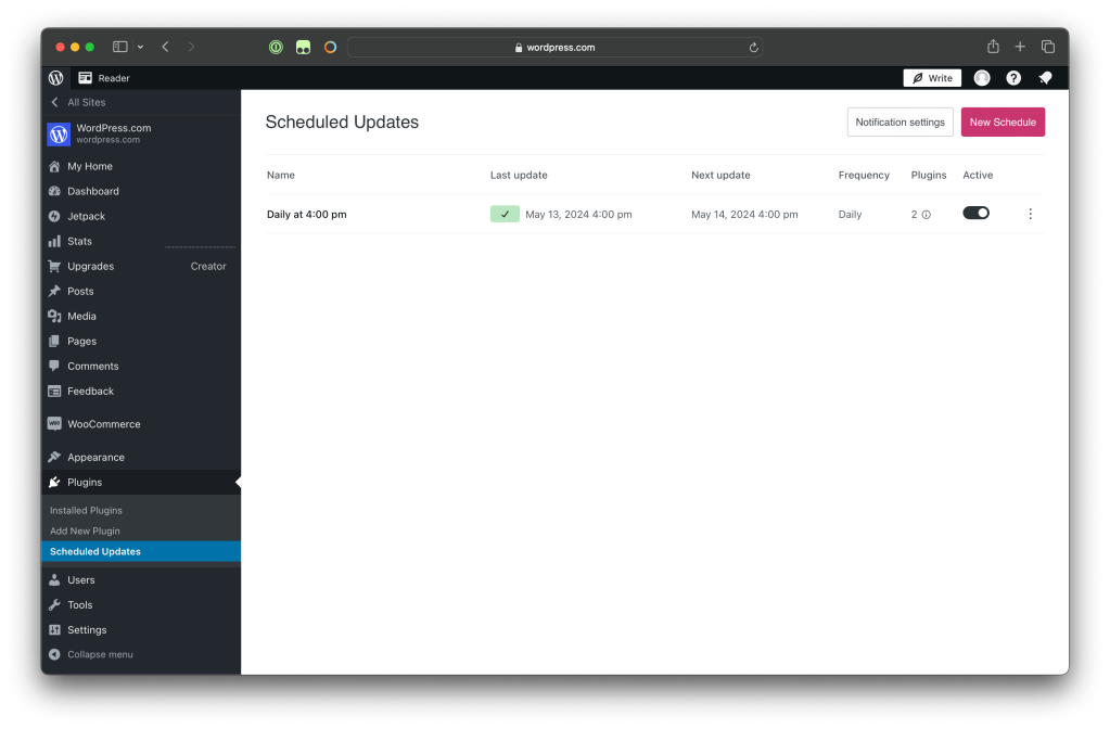 WordPress.com scheduled plugin updates dashboard, with one schedule set up. 