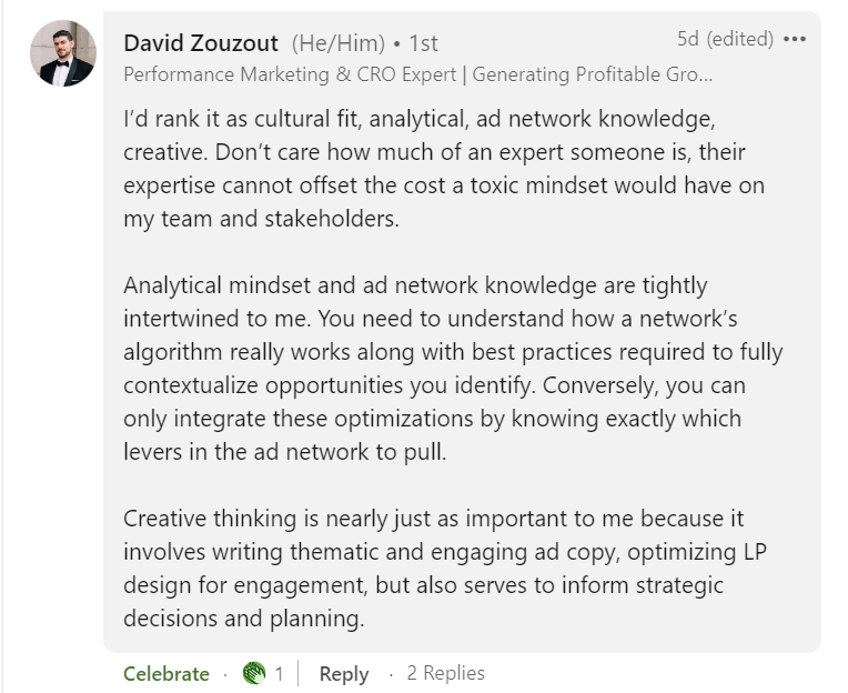 The image shows a LinkedIn post by David Zebrout containing text discussing the importance of integrating PPC network knowledge with intertimed optimizations in generating profitable growth.