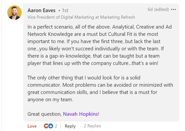 A screenshot of a LinkedIn post by Aaron Davies discussing the importance of cultural fit, individual skills, and team communication in marketing for a PPC agency. The post has reactions and a question comment by Navah