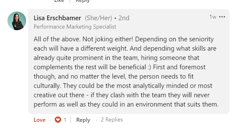 LinkedIn post by Lisa Erschbamer discussing the importance of cultural fit and individual personality in team dynamics for effective performance at a PPC Agency.