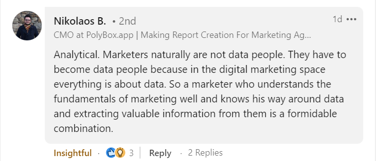 Screenshot of a LinkedIn post by Nikolaos B., discussing how marketers must become data-savvy