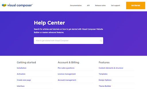 screenshot of visual composer support page