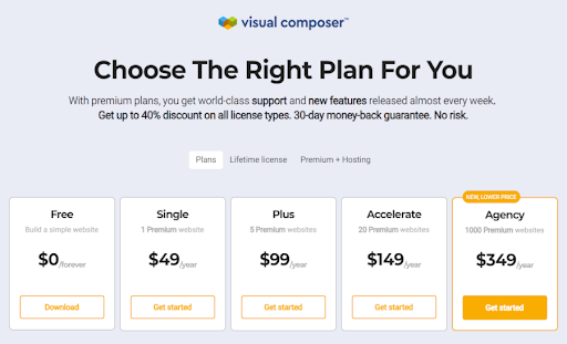 screenshot of Visual Composer pricing page