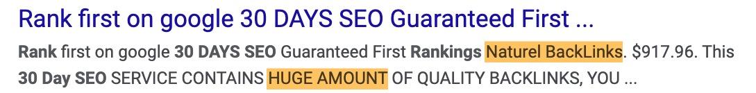 Example of an SEO guarantee for first position rankings in 30 days through backlink services.