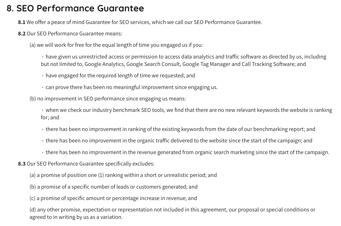 Example of a legitimate SEO performance guarantee written by a lawyer as part of a terms of service contract.