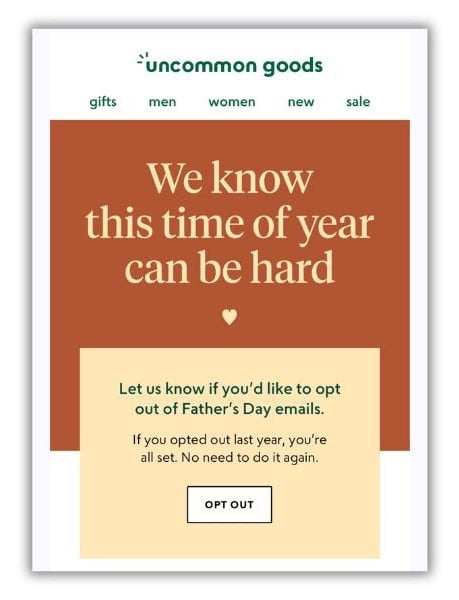 June content ideas - email from Uncommon Goods offering an opt-out for Father's Day emails.