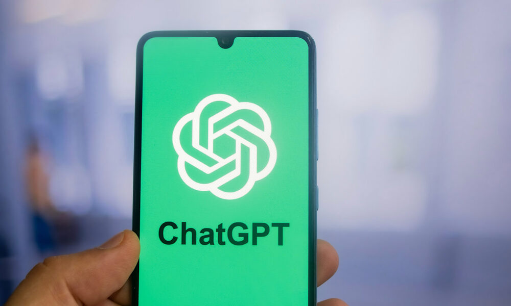 ChatGPT artificial intelligence chatbot app on smartphone screen with large shadow giving the feeling of floating on top of the background. White background.