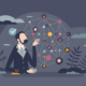 An illustration of a man in a business suit interacting with a floating 3D network of connected nodes, symbolizing SEO strategy and digital technology, set against a stylized outdoor background with clouds and plants