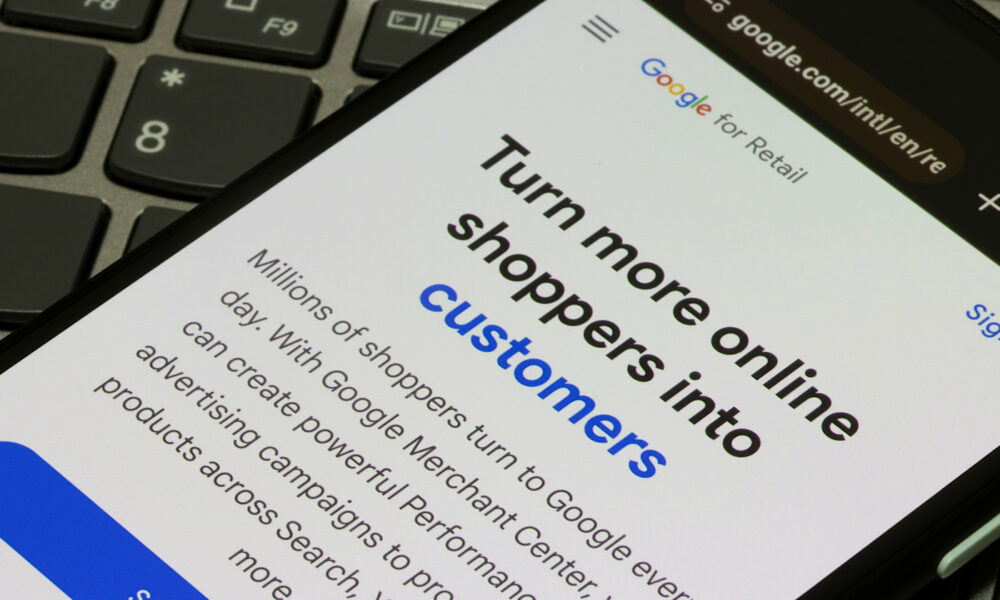 Google Performance Max advertising campaigns is seen on the webpage of Google for Retail on a smartphone.