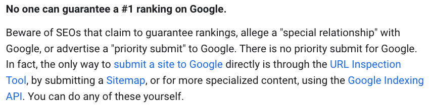 Google's advice to business owners confirming SEO rankings cannot be guaranteed.