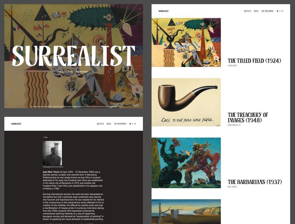 Compilation of images from "Surrealist" WordPress.com theme, including the homepage, single post page, and blog list. 